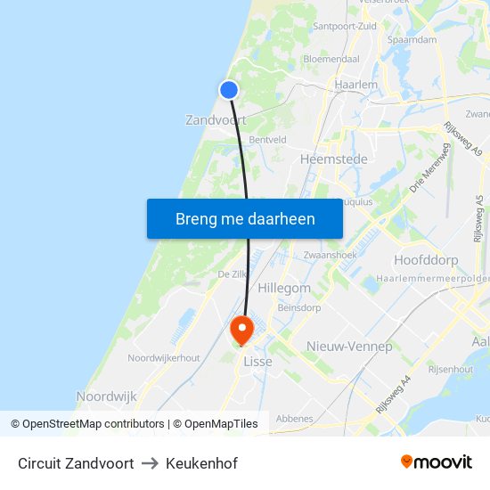 Circuit Zandvoort to Keukenhof map