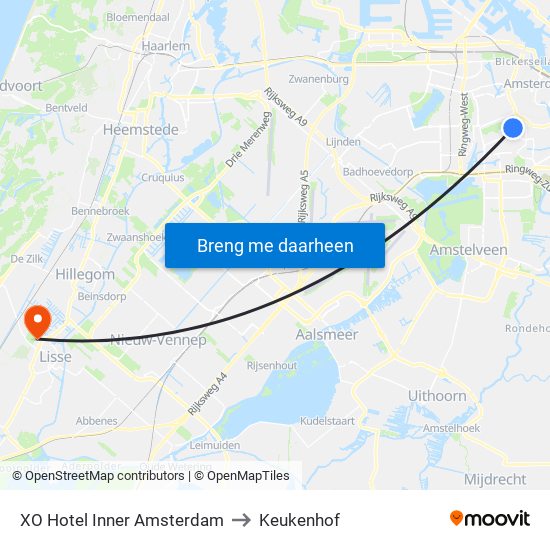 XO Hotel Inner Amsterdam to Keukenhof map