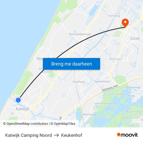 Katwijk Camping Noord to Keukenhof map