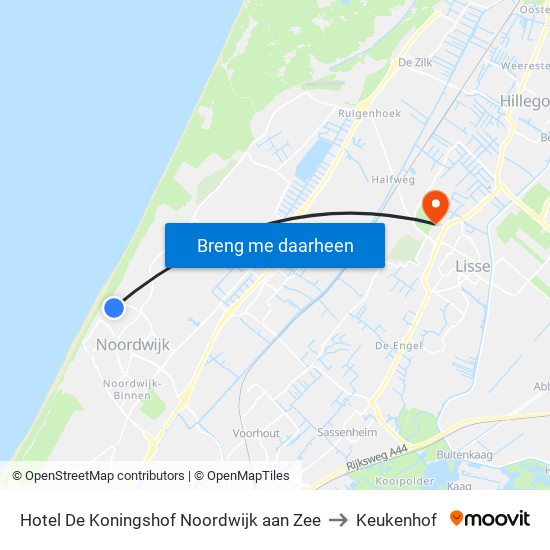 Hotel De Koningshof Noordwijk aan Zee to Keukenhof map