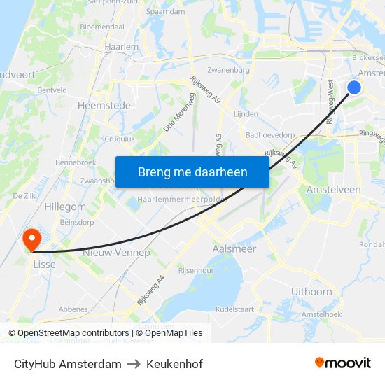 CityHub Amsterdam to Keukenhof map
