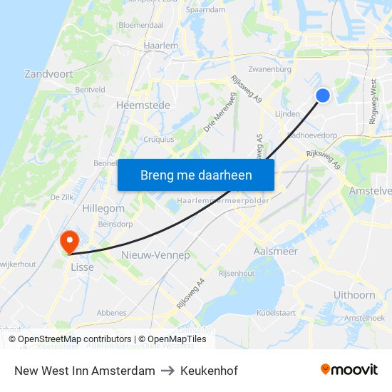 New West Inn Amsterdam to Keukenhof map