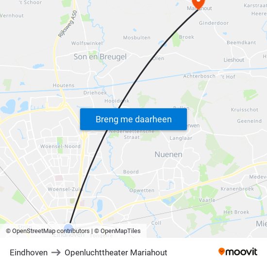 Eindhoven to Openluchttheater Mariahout map
