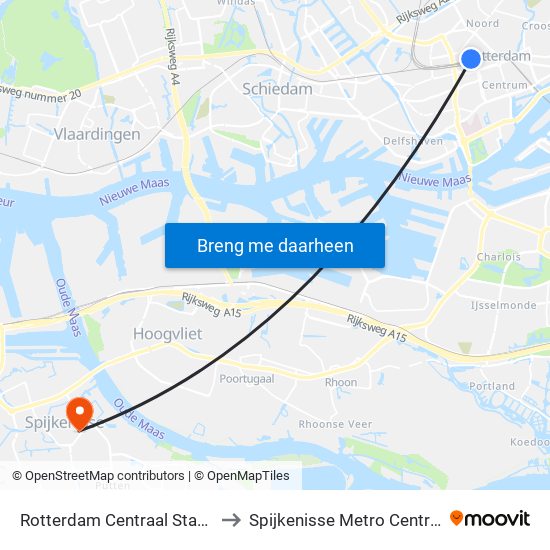 Rotterdam Centraal Station to Spijkenisse Metro Centrum map