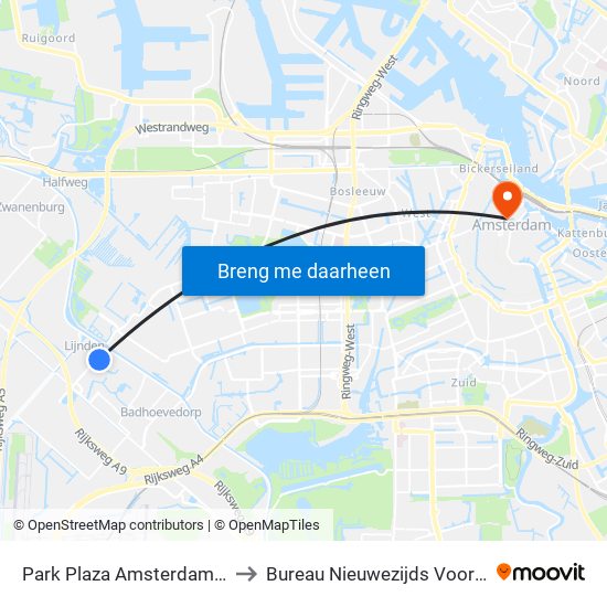 Park Plaza Amsterdam Airport to Bureau Nieuwezijds Voorburgwal map