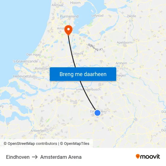 Eindhoven to Amsterdam Arena map