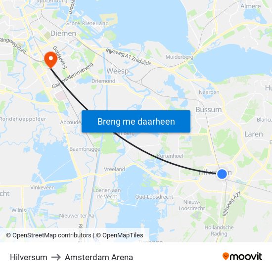 Hilversum to Amsterdam Arena map