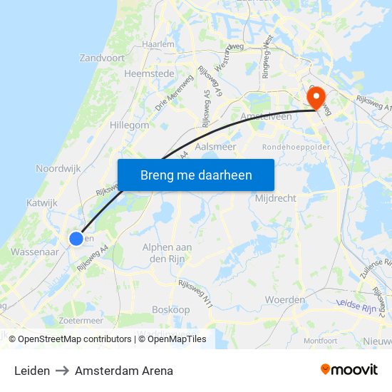 Leiden to Amsterdam Arena map