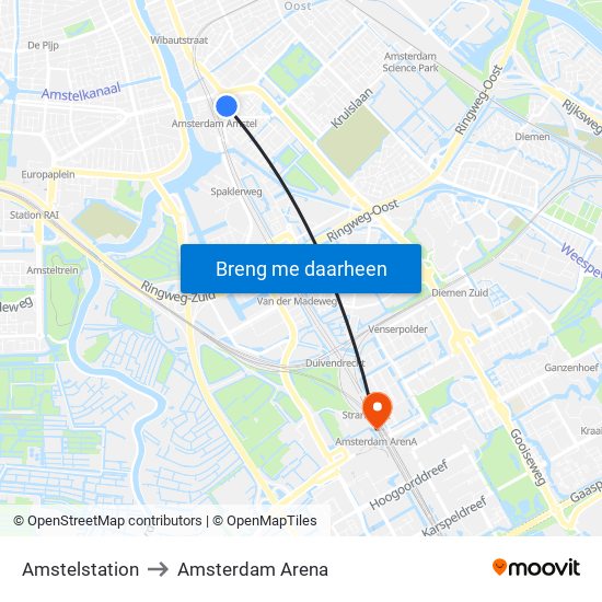 Amstelstation to Amsterdam Arena map