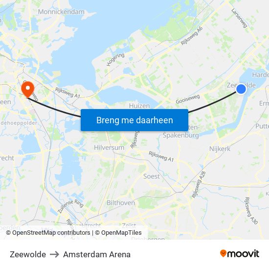 Zeewolde to Amsterdam Arena map