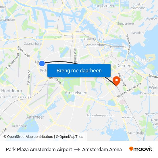 Park Plaza Amsterdam Airport to Amsterdam Arena map