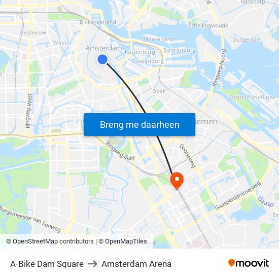 A-Bike Dam Square to Amsterdam Arena map