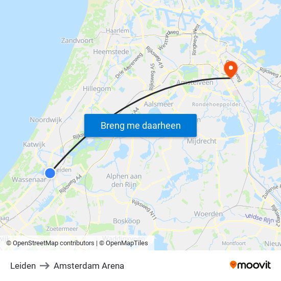 Leiden to Amsterdam Arena map