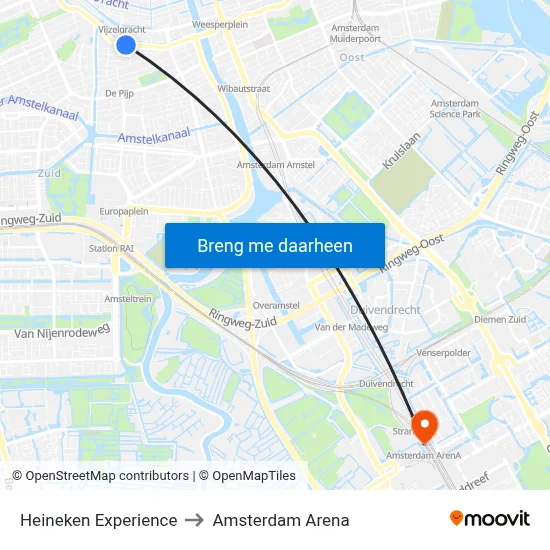 Heineken Experience to Amsterdam Arena map