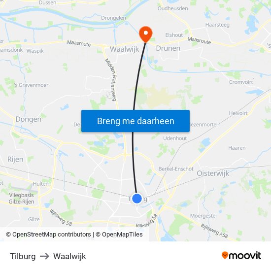 Tilburg to Waalwijk map