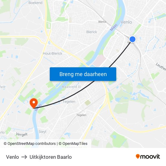 Venlo to Uitkijktoren Baarlo map