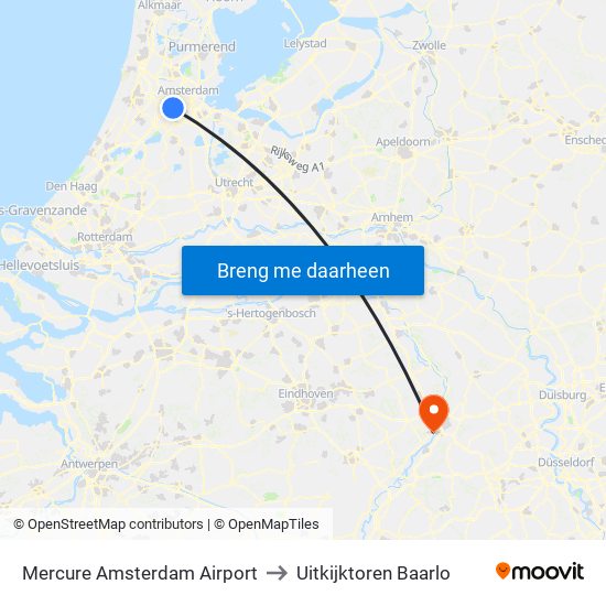 Mercure Amsterdam Airport to Uitkijktoren Baarlo map