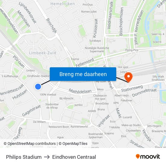 Philips Stadium to Eindhoven Centraal map