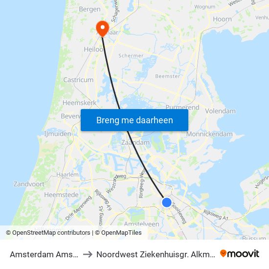 Amsterdam Amstel to Noordwest Ziekenhuisgr. Alkmaar map