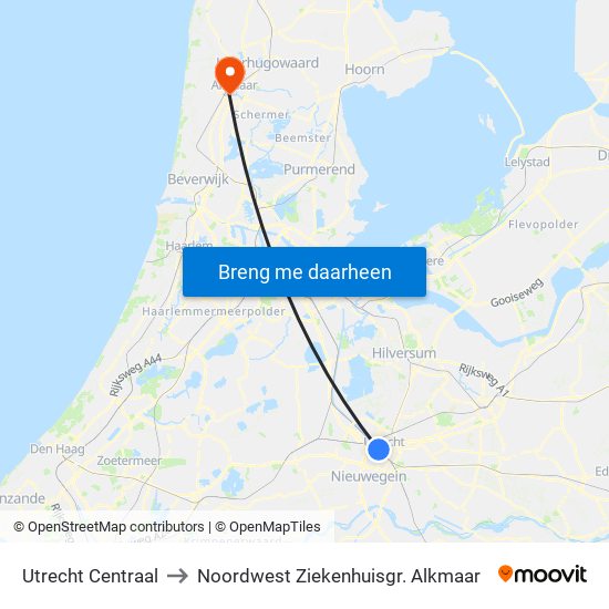 Utrecht Centraal to Noordwest Ziekenhuisgr. Alkmaar map