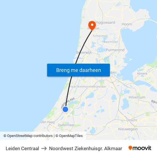 Leiden Centraal to Noordwest Ziekenhuisgr. Alkmaar map