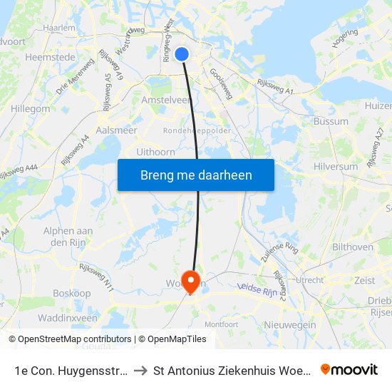 1e Con. Huygensstraat to St Antonius Ziekenhuis Woerden map