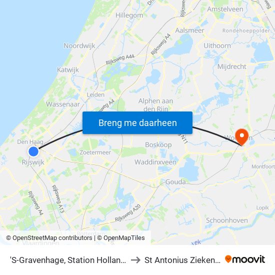 'S-Gravenhage, Station Hollands Spoor (Perron A) to St Antonius Ziekenhuis Woerden map
