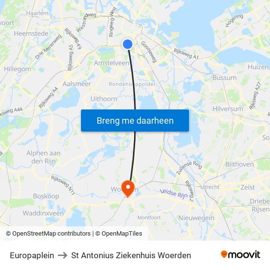 Europaplein to St Antonius Ziekenhuis Woerden map