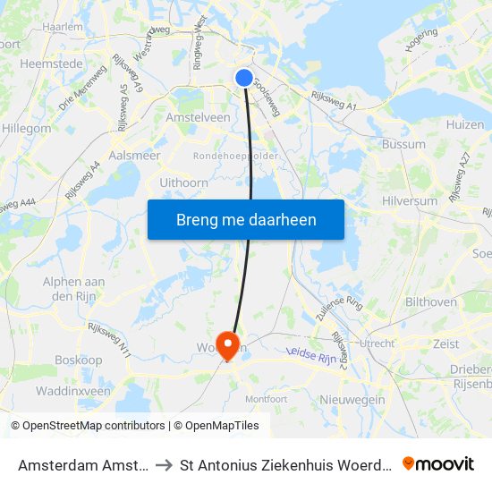Amsterdam Amstel to St Antonius Ziekenhuis Woerden map