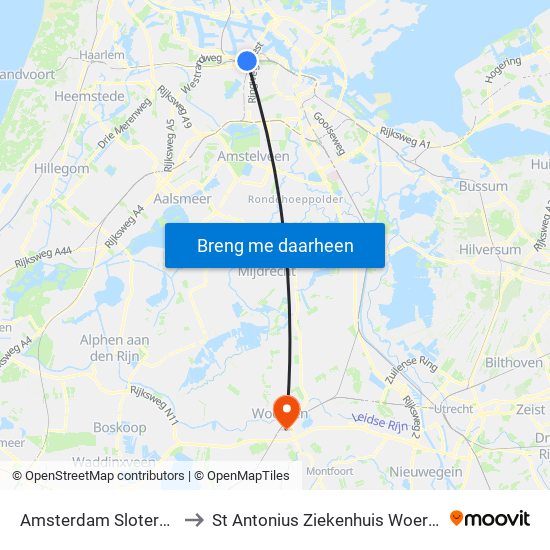 Amsterdam Sloterdijk to St Antonius Ziekenhuis Woerden map