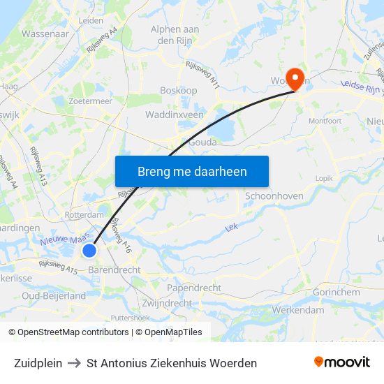 Zuidplein to St Antonius Ziekenhuis Woerden map