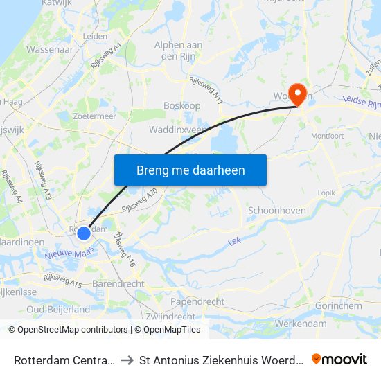 Rotterdam Centraal to St Antonius Ziekenhuis Woerden map