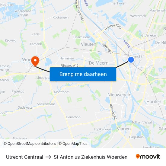 Utrecht Centraal to St Antonius Ziekenhuis Woerden map