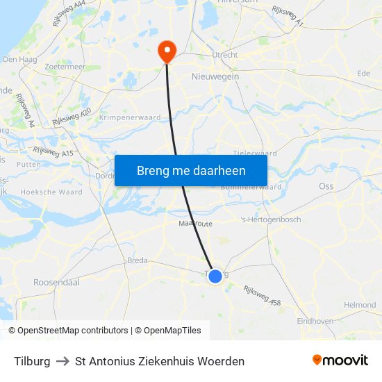 Tilburg to St Antonius Ziekenhuis Woerden map