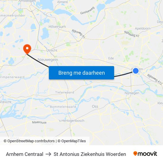 Arnhem Centraal to St Antonius Ziekenhuis Woerden map