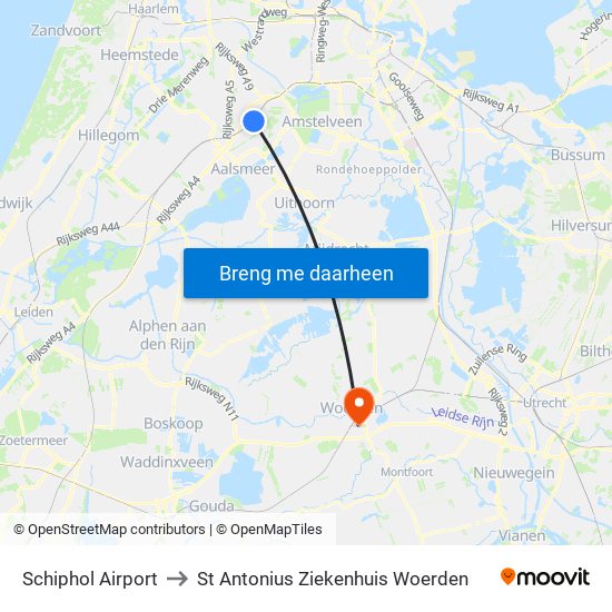 Schiphol Airport to St Antonius Ziekenhuis Woerden map