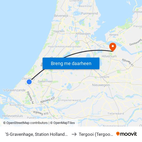 'S-Gravenhage, Station Hollands Spoor (Perron A) to Tergooi (Tergooi Blaricum) map