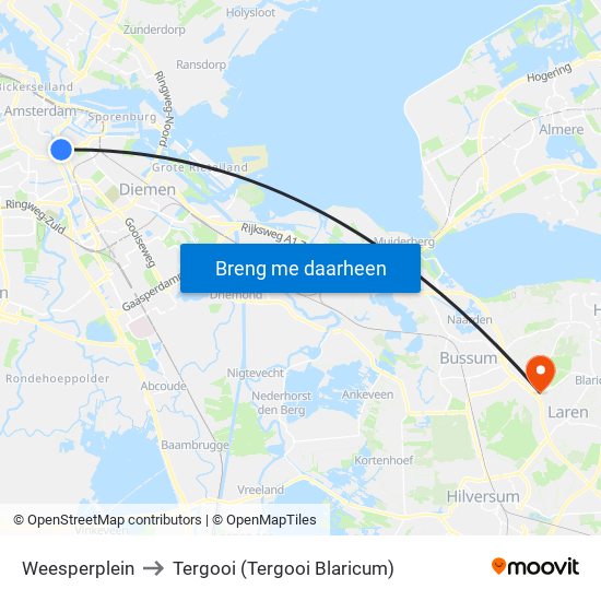 Weesperplein to Tergooi (Tergooi Blaricum) map