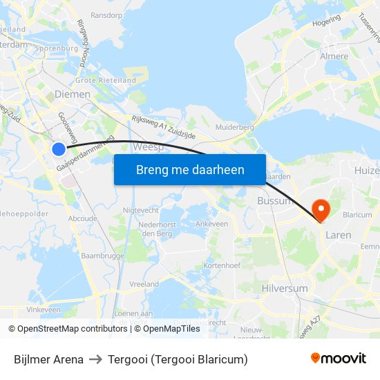 Bijlmer Arena to Tergooi (Tergooi Blaricum) map