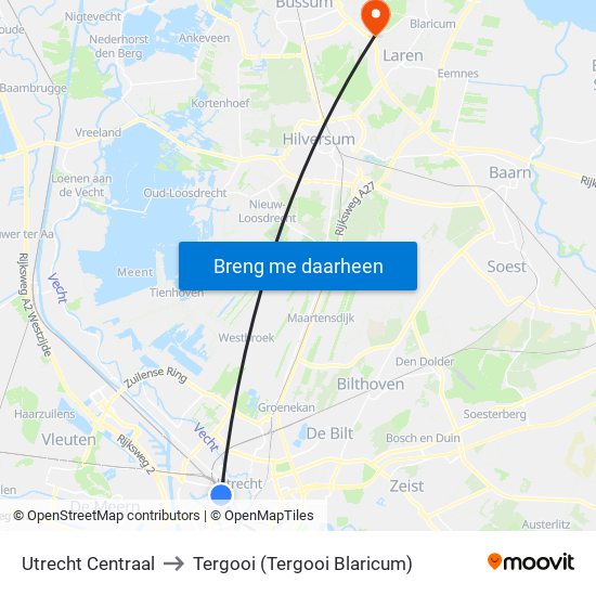 Utrecht Centraal to Tergooi (Tergooi Blaricum) map