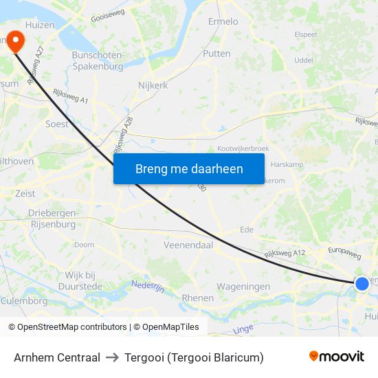 Arnhem Centraal to Tergooi (Tergooi Blaricum) map