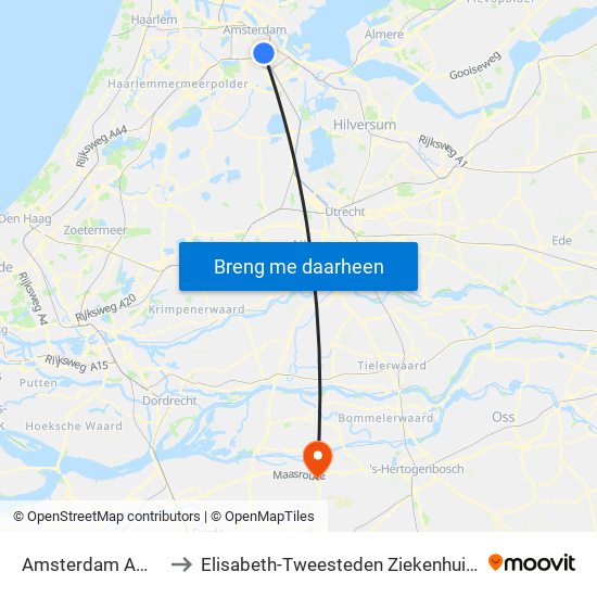 Amsterdam Amstel to Elisabeth-Tweesteden Ziekenhuis (Etz) map