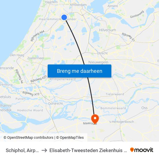 Schiphol, Airport to Elisabeth-Tweesteden Ziekenhuis (Etz) map