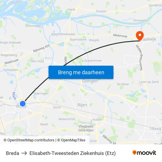 Breda to Elisabeth-Tweesteden Ziekenhuis (Etz) map