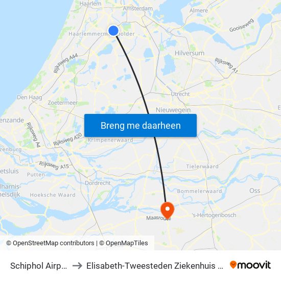 Schiphol Airport to Elisabeth-Tweesteden Ziekenhuis (Etz) map