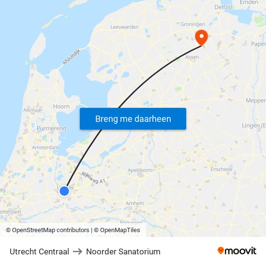 Utrecht Centraal to Noorder Sanatorium map