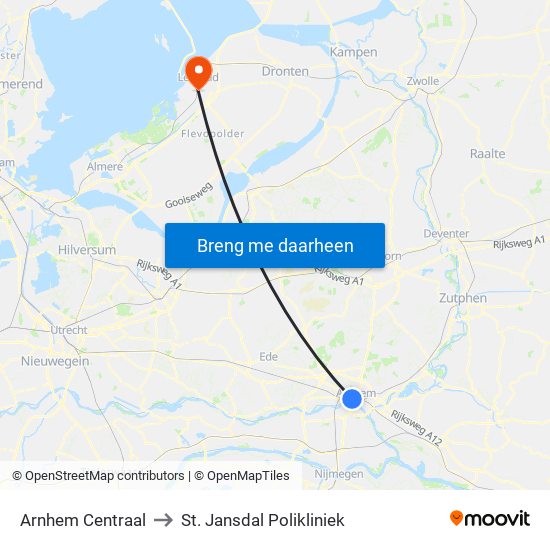 Arnhem Centraal to St. Jansdal Polikliniek map