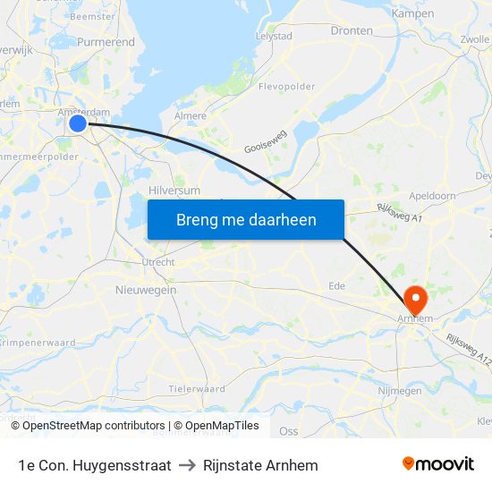 1e Con. Huygensstraat to Rijnstate Arnhem map