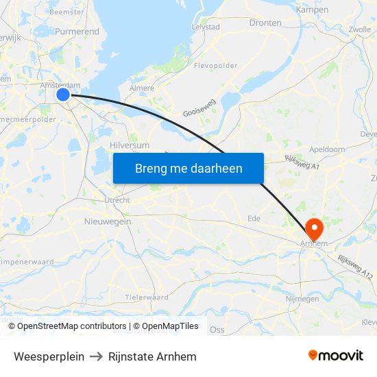 Weesperplein to Rijnstate Arnhem map