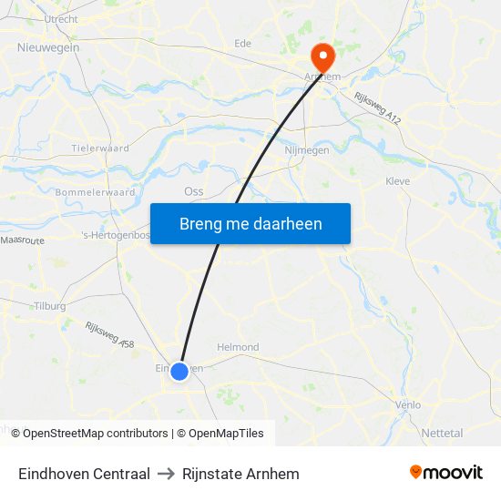 Eindhoven Centraal to Rijnstate Arnhem map